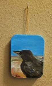 Mini pintura al óleo original firmada por cuervo cuervo sobre papel maché adorno - Imagen 1 de 7