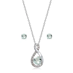 Sterling Silver Aquamarine & White Topaz Infinity Heart Necklace Earrings Set - Picture 1 of 4