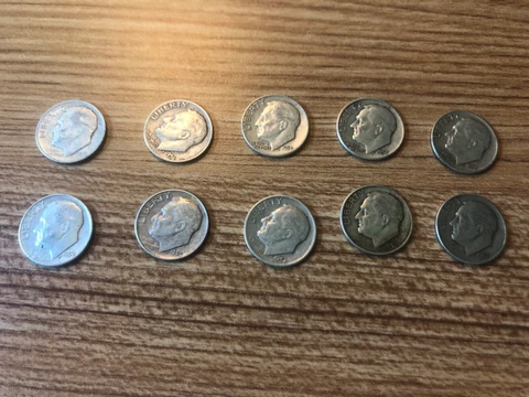 10 Roosevelt Dimes, 1950’s, Ungraded Average Circ Cover