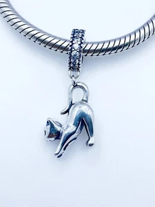 Pouncing Cat Dangle Charm Feline Animal Pet Genuine 925 Sterling Silver 💖 - Picture 1 of 6