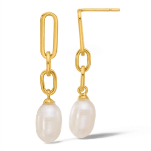 925 Sterling Silver Gold Pearl Paperclip Chain Link Dangle Earrings - Picture 1 of 3