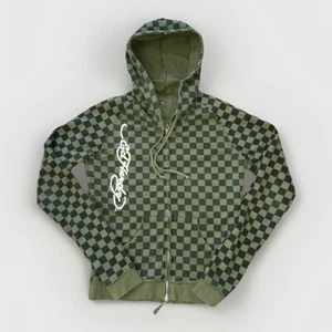 Ed Hardy Hoodie Womens Medium Green Checkered Embroidered Tiger Full Zip - Picture 1 of 9