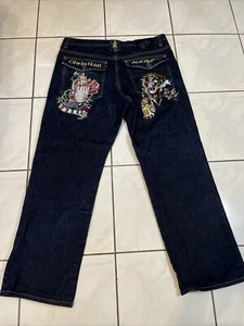 Vintage Ed Hardy Christian Audigier Denim Jeans Size 42 Tiger Hands Embroidered - Picture 1 of 15
