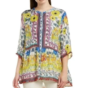 Johnny Was Theda Tunika 100% Seide Bluse Bommel Blumen Knopfleiste Damen Small - Bild 1 von 8