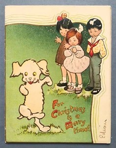 Tarjeta de felicitación Raphael Tuck Navidad perro niños vintage antigua - Imagen 1 de 4