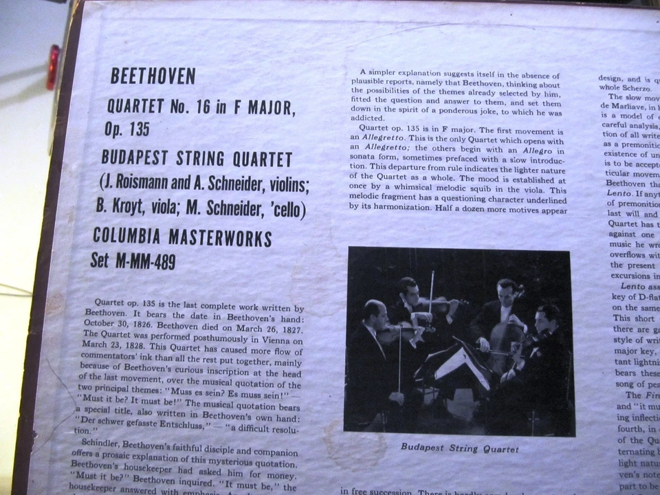 BUDAPEST STRING Quartet Beethoven Quartet No 16 F Minor Op 135 COLUMBIA M-489 - Image 1 of 4