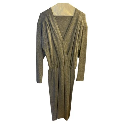 Vintage 80s Lambswool Angora Heather Gray Faux Wrap Midi Sweater Dress L - Image 1 of 4