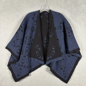 COACH Signature Poncho Black Midnight Navy Reversible Wool Blend Italy Made - Picture 1 of 8