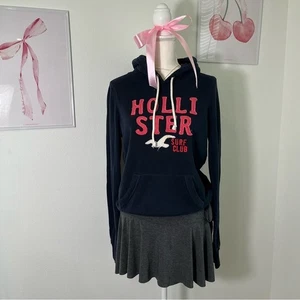 Vintage Y2K Hollister Navy Blue Pink Spellout Embroidered Hoodie Womens Large - Picture 1 of 6