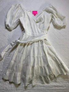 Lilly Pulitzer Womens Wrap Mini Dress Ivory Iralee Puff Sleeve Tiered Linen 4 - Picture 1 of 8