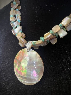 Mother of Pearl & Turquoise Chip Double Strand Necklace w/MoP Medallion - Image 1 of 4