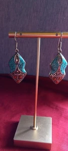 Nepalese Earrings inlay Turquoise And Coral Dangle Drop 925 Hook Earrings - Picture 1 of 9