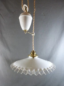 Porcelain rise-and-fall lampshade with white opaline shade, circa 1920s... - Picture 1 of 13