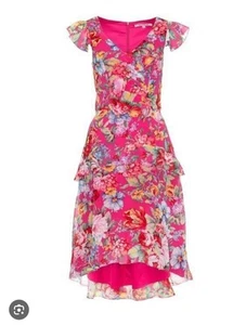 Review Fruit Punch Dress AU 12 Pink Floral Hi-low Hem Frills Flutter V-Neck Fril - Picture 1 of 20