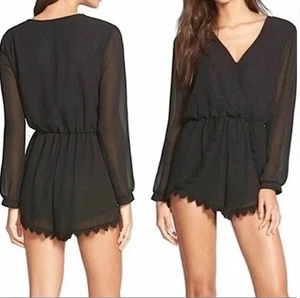 ASTR Women Sheer Romper Long Sleeve Crochet Trim Sz XS Black Party Girly 72-2 - Picture 1 of 14