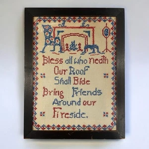 Antique Primitive Framed Cross-stitch Friendship Farmhouse Americana - Picture 1 of 7