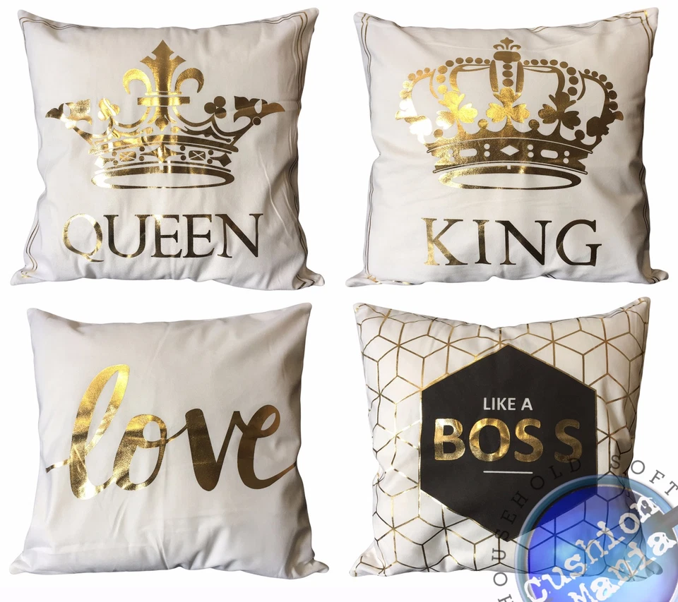 Gold Foil Print Velvet Cushions or Covers Queen King Boss Love White Set - Image 1 of 1