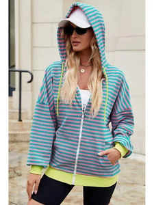 NicholesGifts Women Drawstring Striped Zip Up Long Sleeve Hoodie - Picture 1 of 42