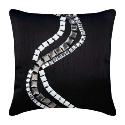 Decorative Throw Pillow Cover Black 16"x16", Bed Decor Silk - Zigs N Zags Foto 1 de 3