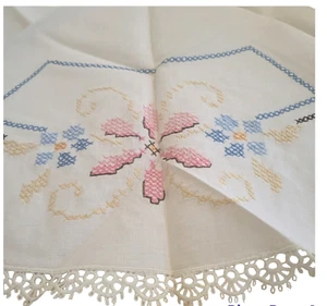 VTG Round Linen Hand Embroidered Cross Stitch Floral Tablecloth 34” Lace Edge - Picture 1 of 6