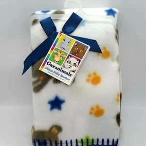 New Garanimals Fleece Baby Blanket Puppy Dogs Stars Paw Prints White Blue - Picture 1 of 4