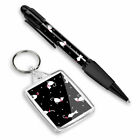 Pen & Keyring (Rectangle) - Black Polka Dots Cats Kitten Pink #44324