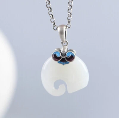 I05 Cloisonne Rimorchio Stilizzato Elefante Di Bianca Giada Argento Sterling 925 - Immagine 1 di 4