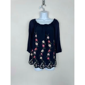 Chelsea & Theodore Navy Floral Embroidered Off Shoulder Blouse Size Small NWT - Picture 1 of 5