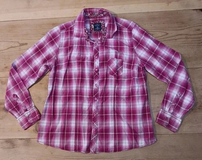 Camisa feminina Faded Glory M rosa xadrez acabamento floral 100% algodão orgânico manga longa - Imagem 1 de 4