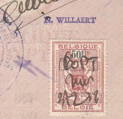 BELGIUM Old Rare Consular Revenue 50 F. Tied Document  1958 - Image 1 of 2