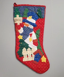Vintage Schneemann Weihnachtsstrumpf Bäume kariert gesteppt Sterne Goldakzente - Bild 1 von 8