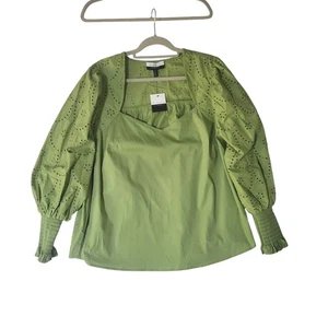 Nuevo Top Blusa Boho Eloguii Elements Verde Ojales Globo Manga Calada Talla 20 - Imagen 1 de 10