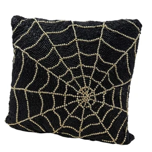 Nuovo cuscino con perline ragnatela Halloween nero e oro decorazione spettrale accento - Foto 1 di 7