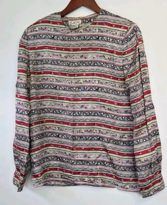 VTG Talbots Blouse Womens 4 Striped Floral 100% Silk Boho Artsy Whimsy Fairy - Image 1 of 4