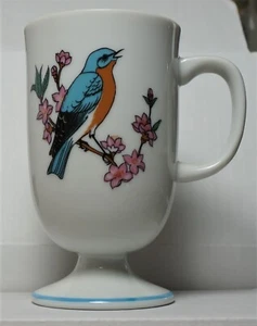 Vintage Bird Mug, Catbird, Flowers, Porcelain, Fred Roberts pedestal cup, Japan - Picture 1 of 4