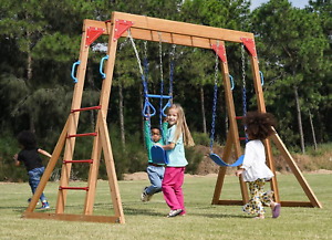 Dolphin Playground Wood Swing Sets for Backyard with Monkey Bar, Kids Outdoor Pl