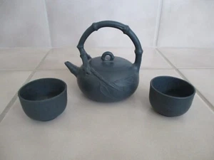 Chinese Yixing Zisha Gao Jianfang Blue/Green Bamboo Clay Teapot w/2 Tea Cups - Picture 1 of 14