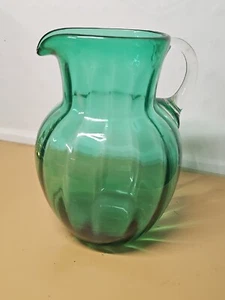 Vtg Pilgrim Glass Optic Ribbed Teal Pitcher Vase MCM Handblown 5 3/4 ” NICE - Picture 1 of 7