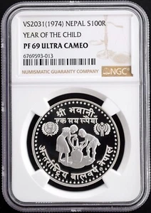 1974 Year of the Child NEPAL 100 RUPEE Silver Proof NGC PF69 ULTRA CAMEO - Picture 1 of 2