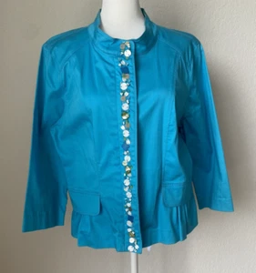 Hearts of Palm Blazer Jacket 10 Blue Cotton 3/4 Sleeved Seashell Seaglass Rocks - Picture 1 of 8