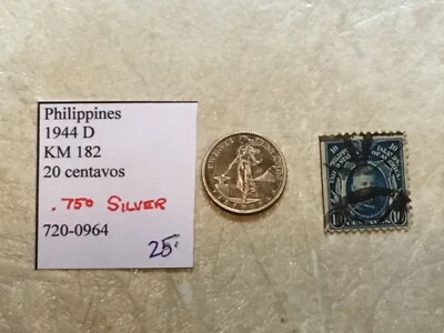 Лот 1944-D Филиппины серебро 20 сентаво монета 20c XF и марка 10 центов 1906  - Изображение 1 из 4