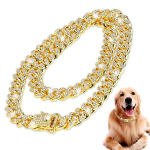 Luxury Dog Cuban Chain Gold Shining Rhinestones Collar Pitbull Necklace Choker