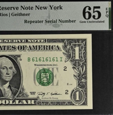 2009 $1 Federal Reserve Note PMG 65EPQ birthday fancy super repeater 61616161 - Image 1 of 3