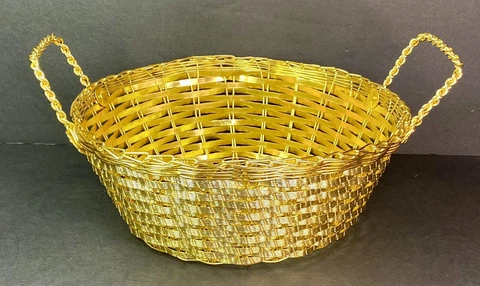 Vintage Gold Tone Woven Wire Metal Basket DBL Handle Country Farm Kitchen Decor Cover