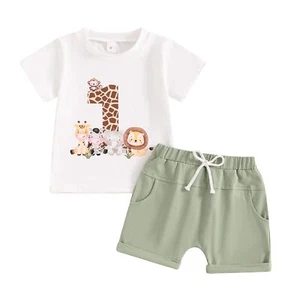 First Birthday Outfit Boy 1st Birthday Outfit Boy Short Sleeve Animal Print S... - Picture 1 of 7