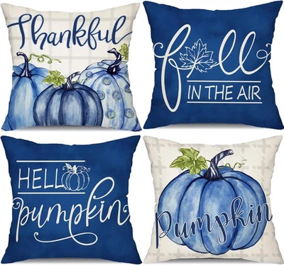 Juego de 4 fundas de almohada de otoño de 16x16 pulgadas a cuadros de búfalo azul otoño tiro de calabaza Foto 1 de 4