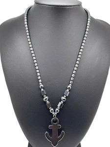 Necklace Women 17" Black Hematite Beaded Anchor Pendent Dark Gray Boat Sea Ocean - Picture 1 of 5