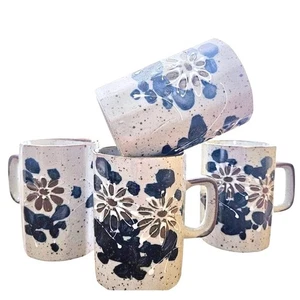 Set of 4 Vintage Otagiri Japan Stoneware Mugs Floral Blue Speckled Raised Design - Picture 1 of 5