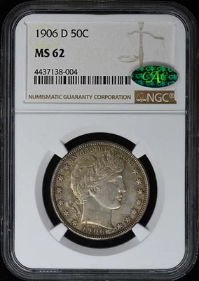 Medio dólar barbero 1906-D 50C NGC MS62 (CAC) Foto 1 de 4