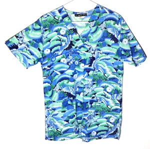 Women's Cotton, Blue/Green, Oriental Design Scrub Top in Size XS - Picture 1 of 7